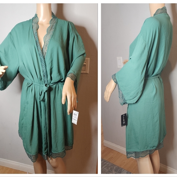 NWT Macy's I.N.C. International Concepts Green Lace Trim Short Robe XL - Picture 5 of 14